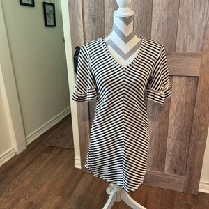 see by Chloe V-neck striped mini dress black tan ruffled butterfly sleeve XS
